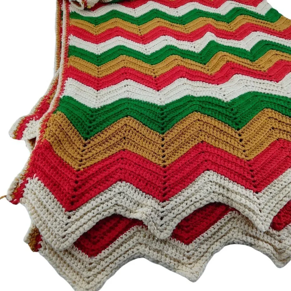Vintage Crochet Chevron Striped Afghan Blanket Throw Fringe 52 x 74 Orange Green